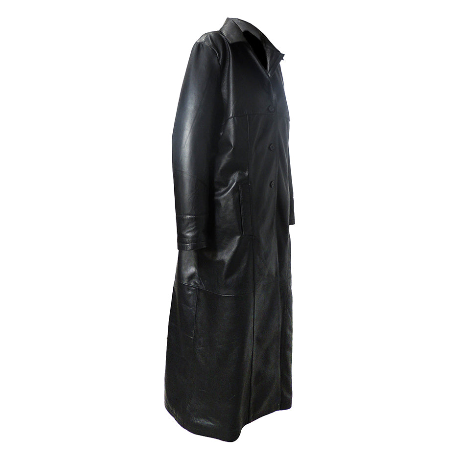 QR Matrix Womens Black Full Long Leather Coat with 3 Buttons-3