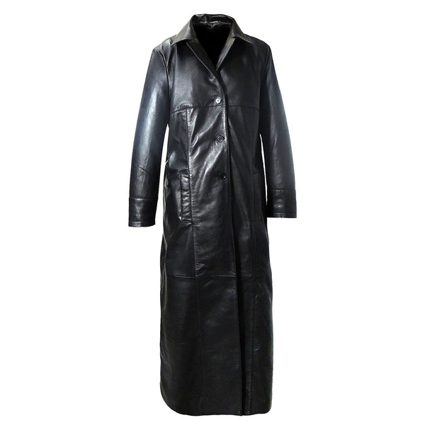 QR Matrix Womens Black Full Long Leather Coat with 3 Buttons-0