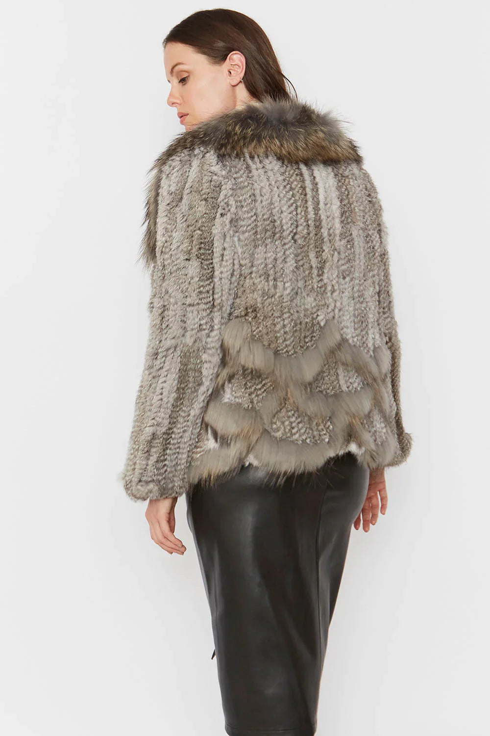 Grey Scalloped Coney Fur Jacket With Fox Fur Collar-3