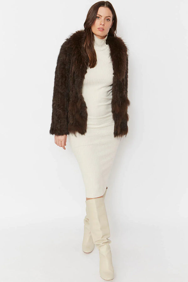 Chocolate Scalloped Coney Fur Jacket With Fox Fur Collar-2