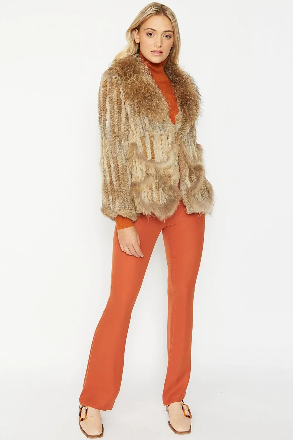 Mocha Scalloped Coney Fur Jacket With Fox Fur Collar-1