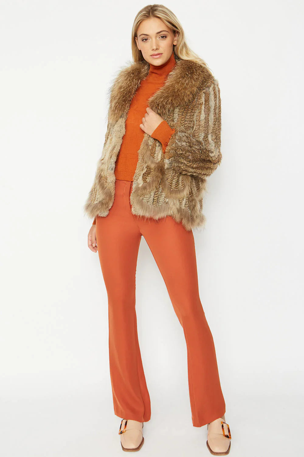 Mocha Scalloped Coney Fur Jacket With Fox Fur Collar-2