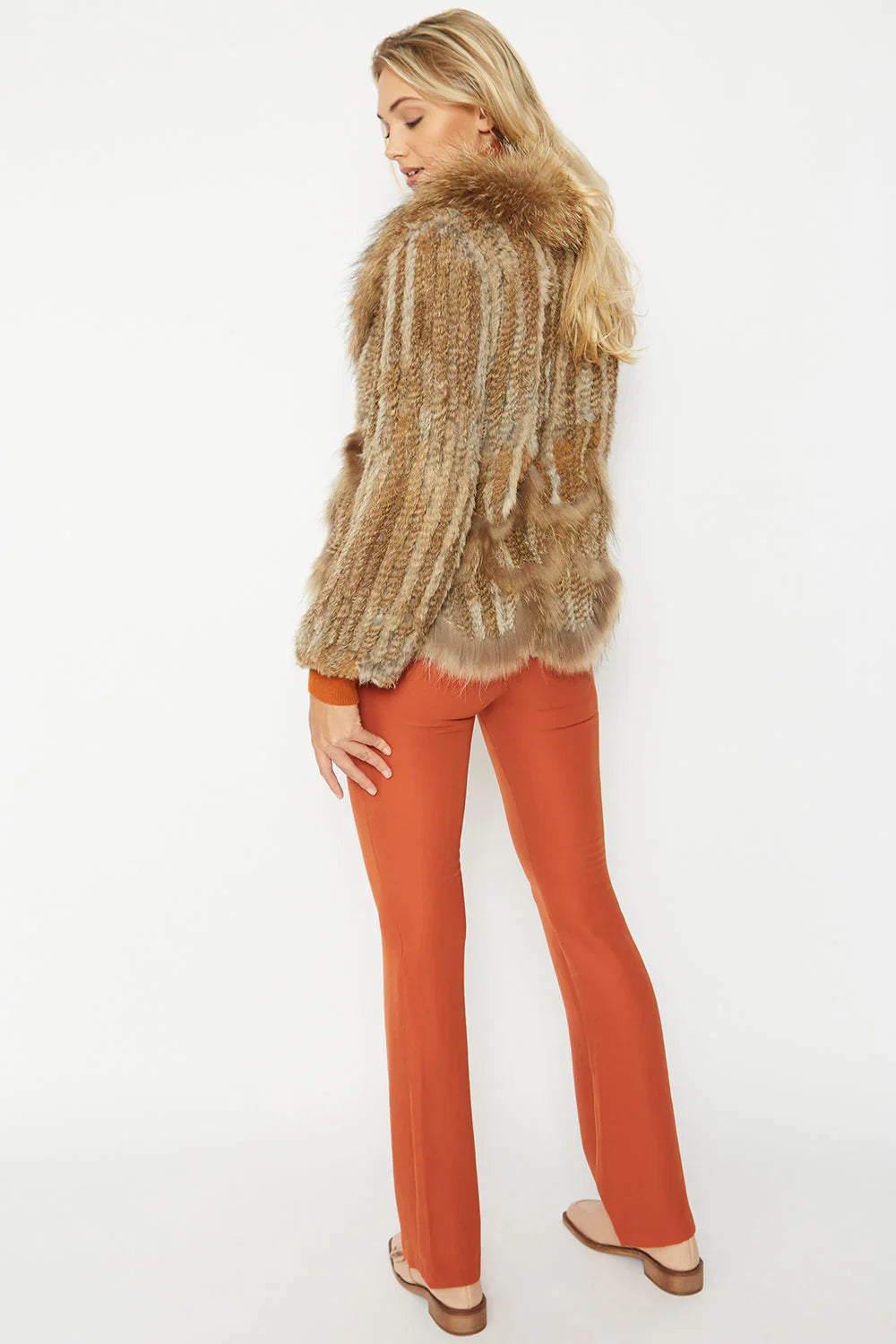 Mocha Scalloped Coney Fur Jacket With Fox Fur Collar-3