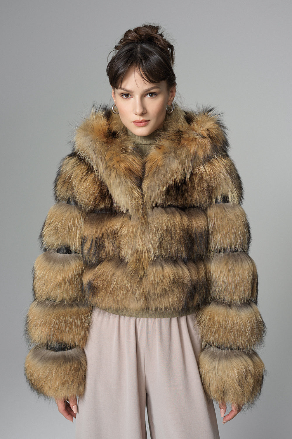 Brown Hooded Arctic Fox Raccoon Fur Jacket-0