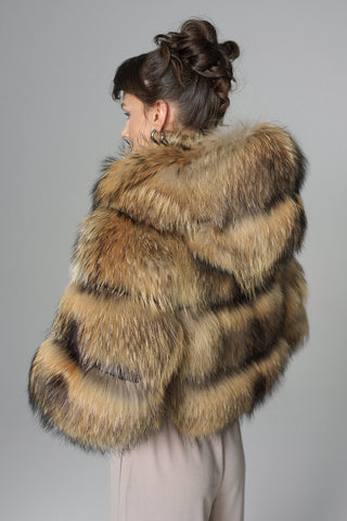 Brown Hooded Arctic Fox Raccoon Fur Jacket-1