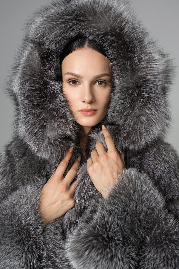 Silver Hooded Arctic Fox Raccoon Fur Jacket-2