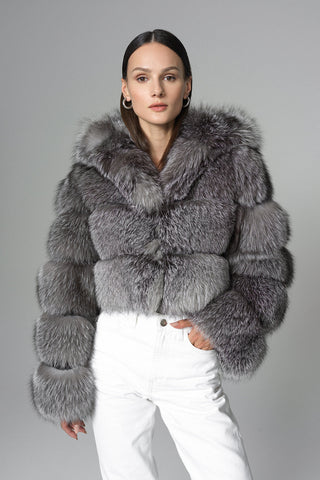 Silver Hooded Arctic Fox Raccoon Fur Jacket-3