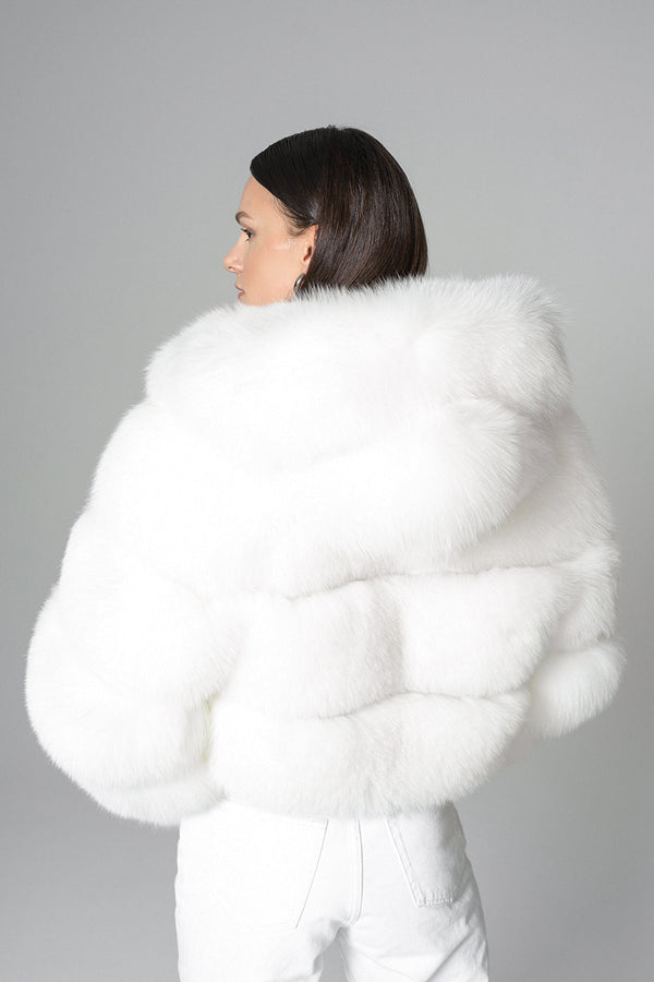 White Hooded Arctic Fox Raccoon Fur Jacket-1