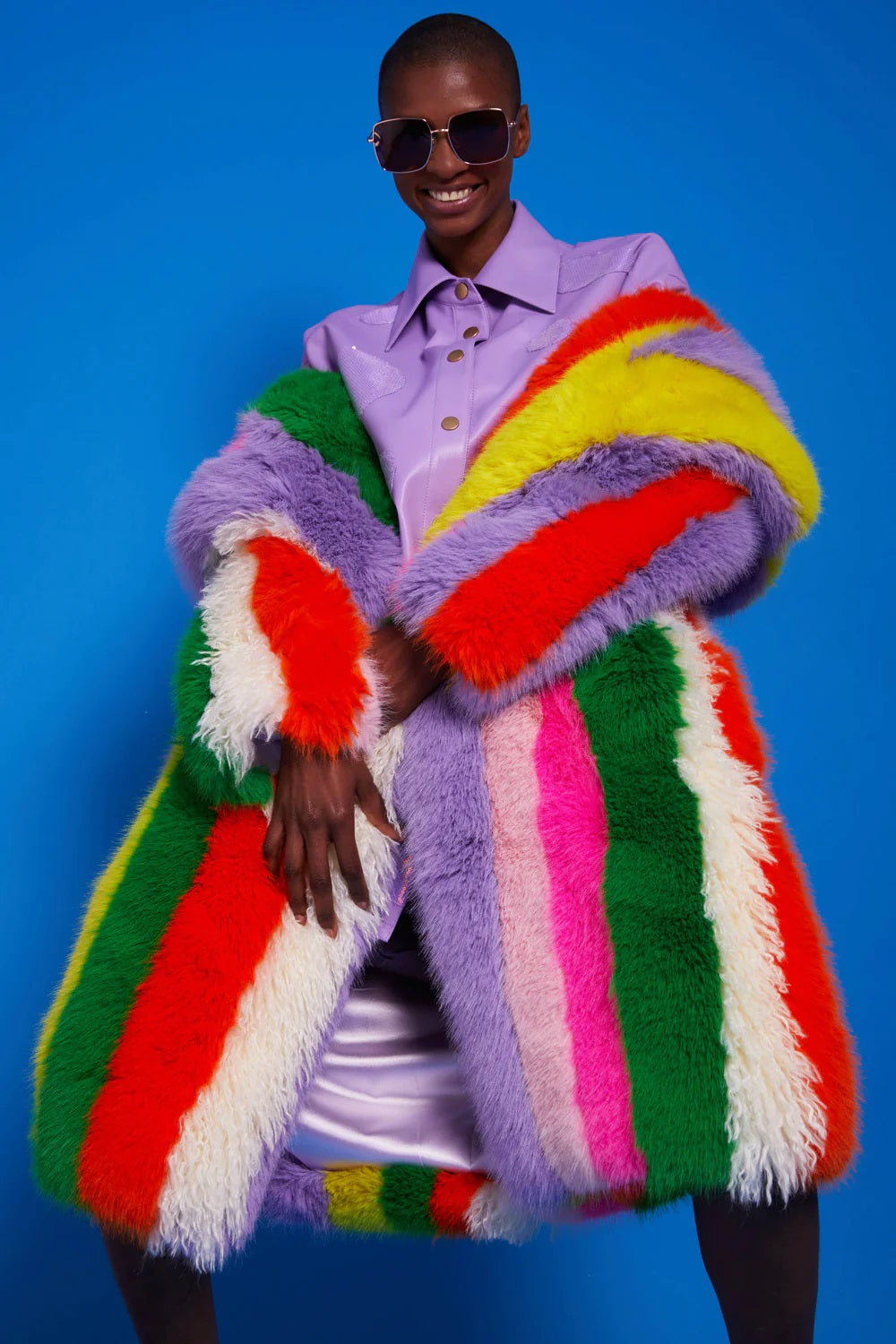 Rainbow Faux Fur Hand Crafted Eco Bamboo Maxi Coat-2