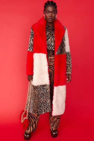 Red Faux Fur and Faux Shearling Maxi Coat-0