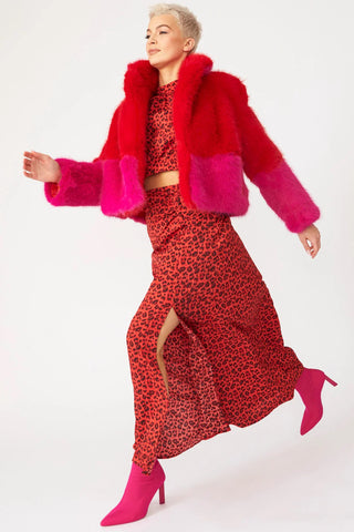 Red Pink Bamboo Faux Fur Double Cropped Coat-0