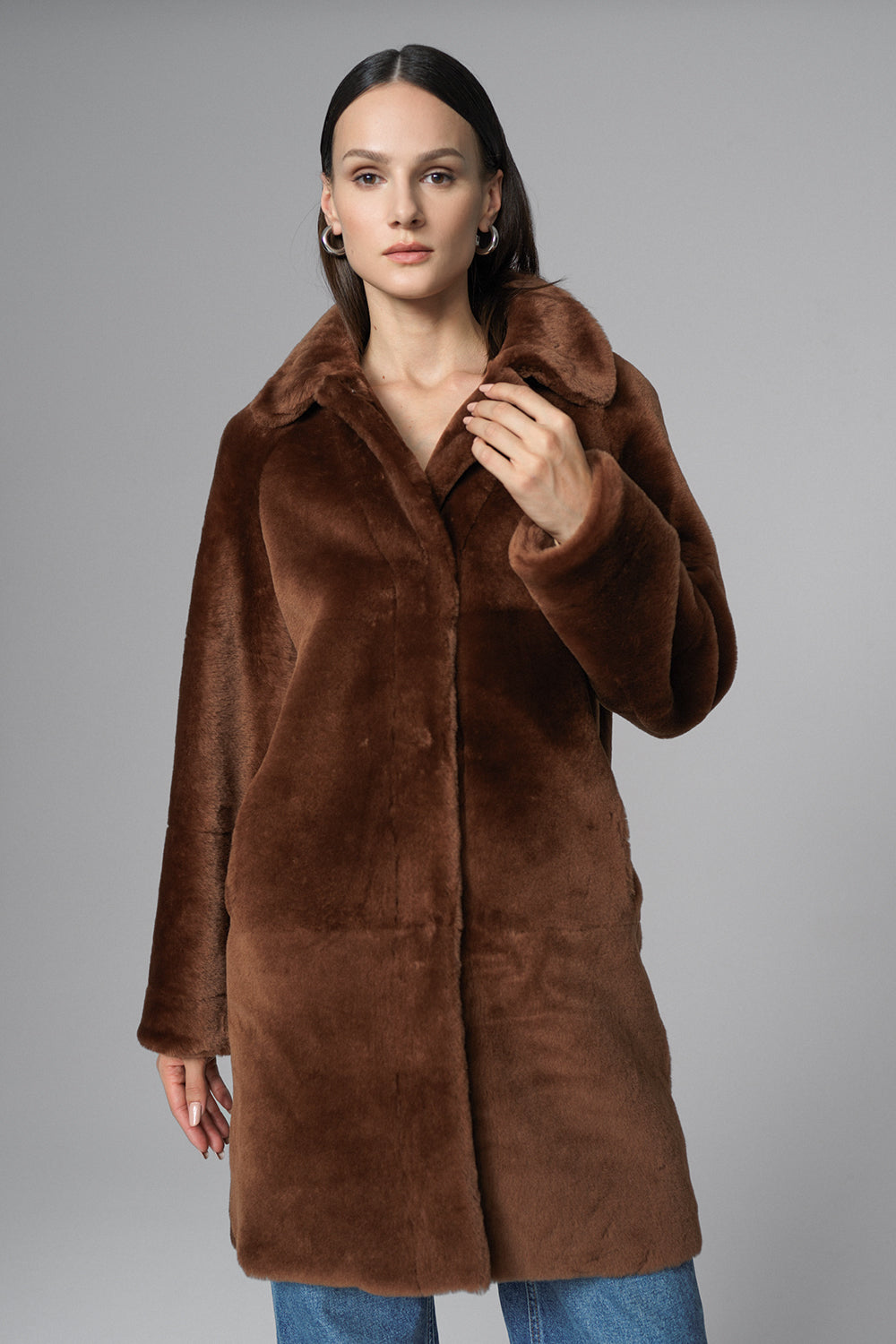 Cognac Reversible Genuine Merino Wool Sheepskin Midi Coat-0