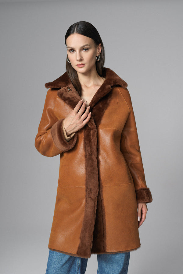 Cognac Reversible Genuine Merino Wool Sheepskin Midi Coat-3