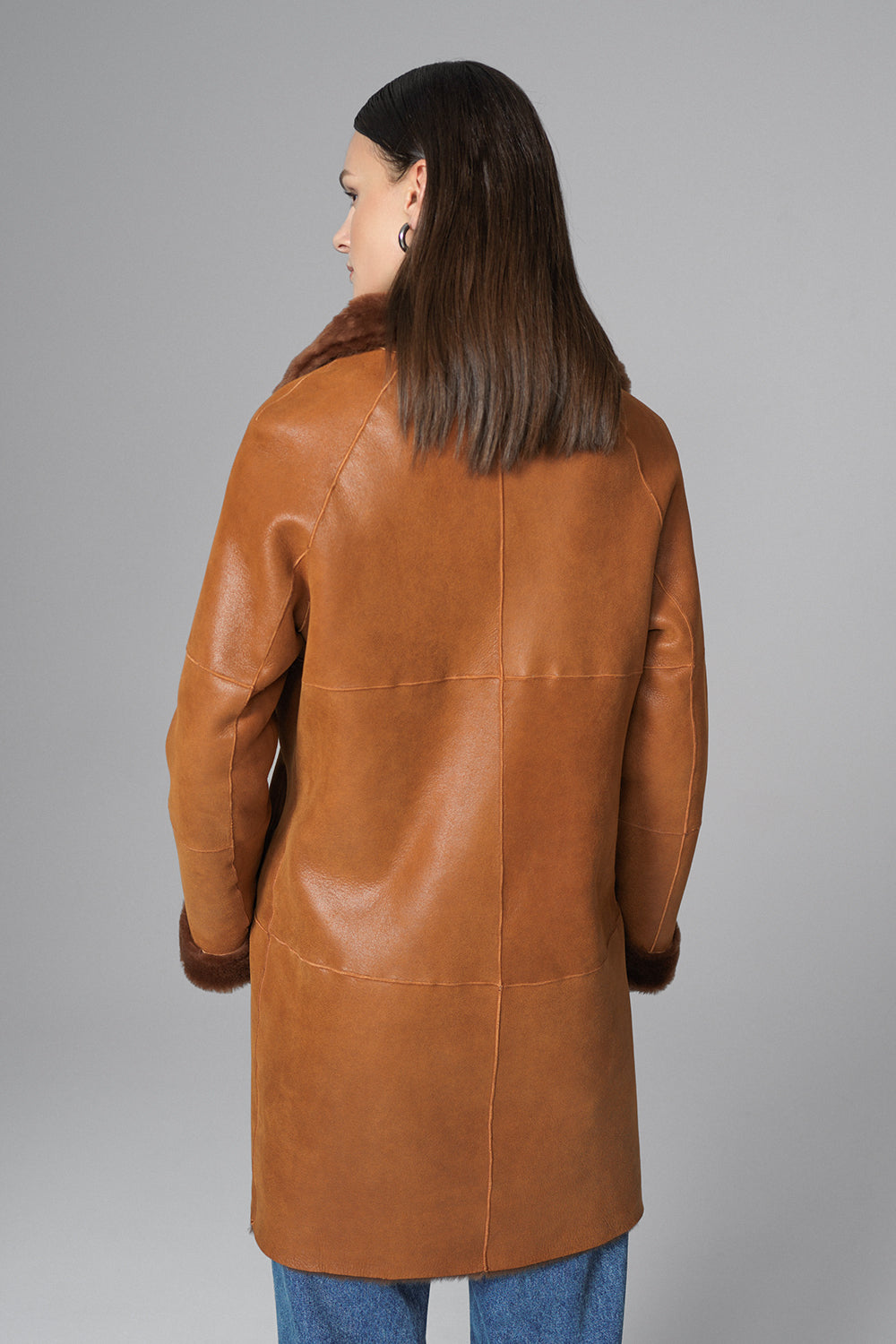 Cognac Reversible Genuine Merino Wool Sheepskin Midi Coat-4