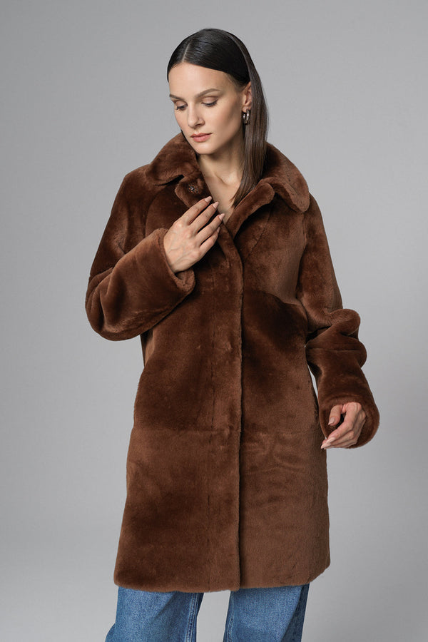 Cognac Reversible Genuine Merino Wool Sheepskin Midi Coat-2