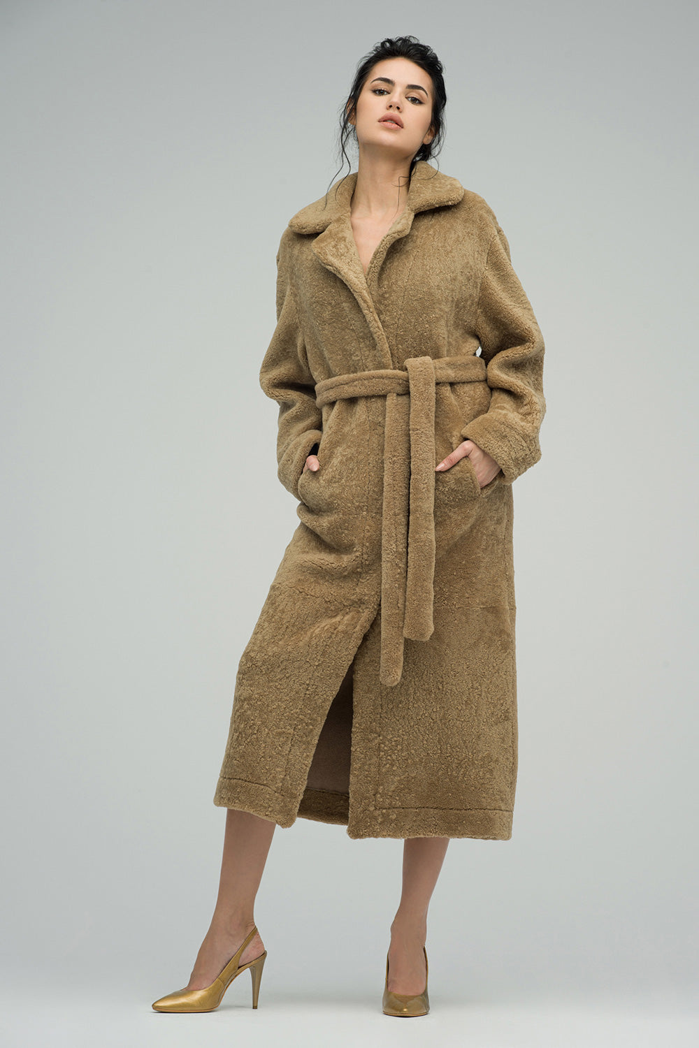 Beige Reversible Sheepskin Lamb Fur Maxi Coat-4