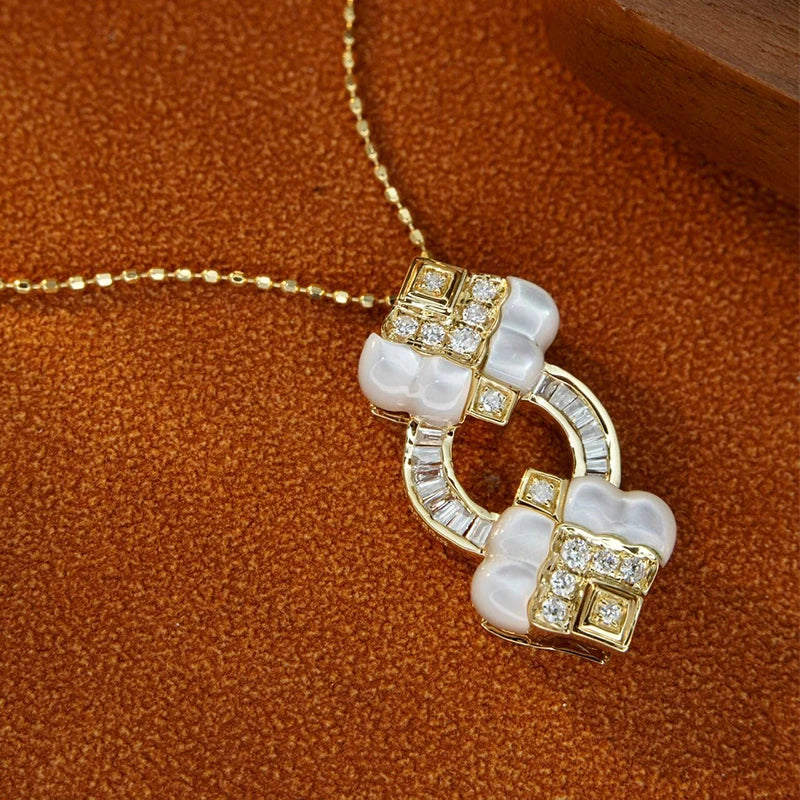 Aazuo 18K Real Jewelry Set - Yellow Gold Natural MOP Real Diamonds