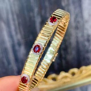 Aazuo Luxury Jewelry - 18K Yellow Gold Real Natrual Ruby Luxury Jewelry Set - Ring Earring & Bangles