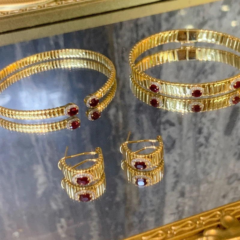 Aazuo Luxury Jewelry - 18K Yellow Gold Real Natrual Ruby Luxury Jewelry Set - Ring Earring & Bangles