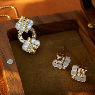 Aazuo 18K Real Jewelry Set - Yellow Gold Natural MOP Real Diamonds