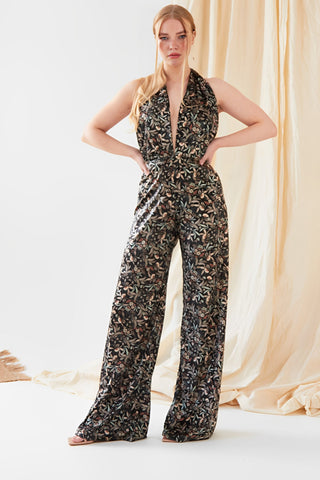 Floral Velvet Backless Jumpsuit-1