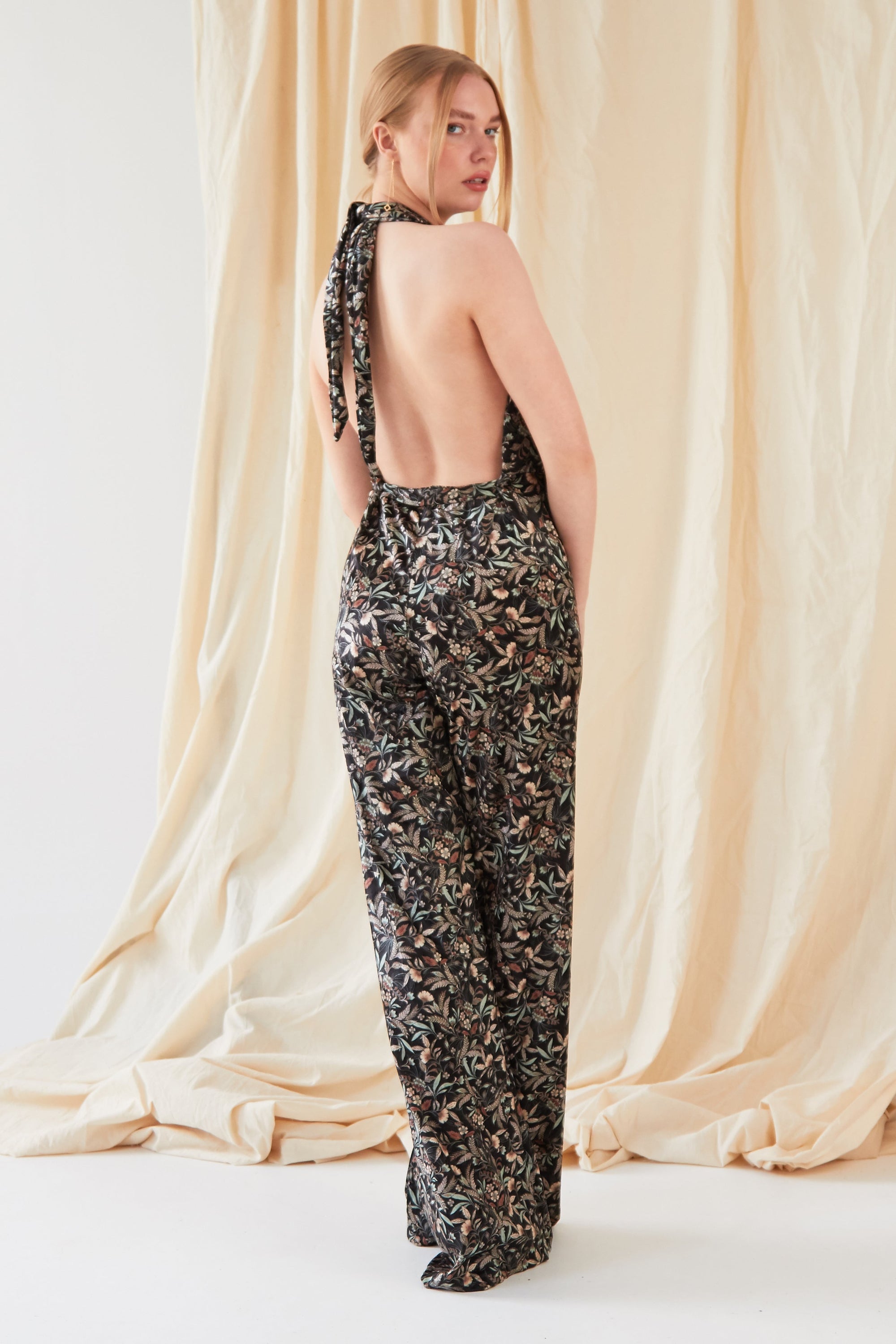 Floral Velvet Backless Jumpsuit-4