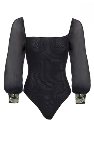 Black Mesh Bodysuit Long Sleeve-0