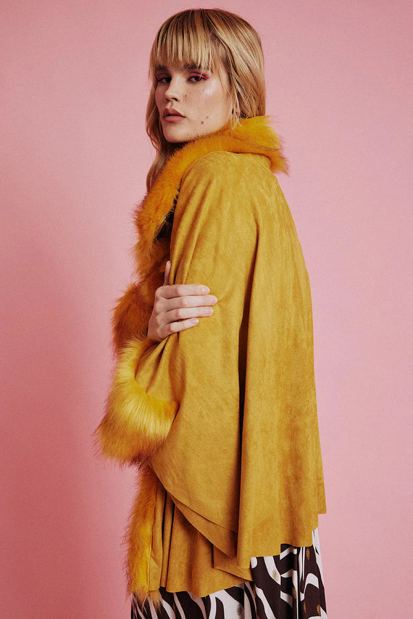 Yellow Faux Fur Suede Cape Jacket-2