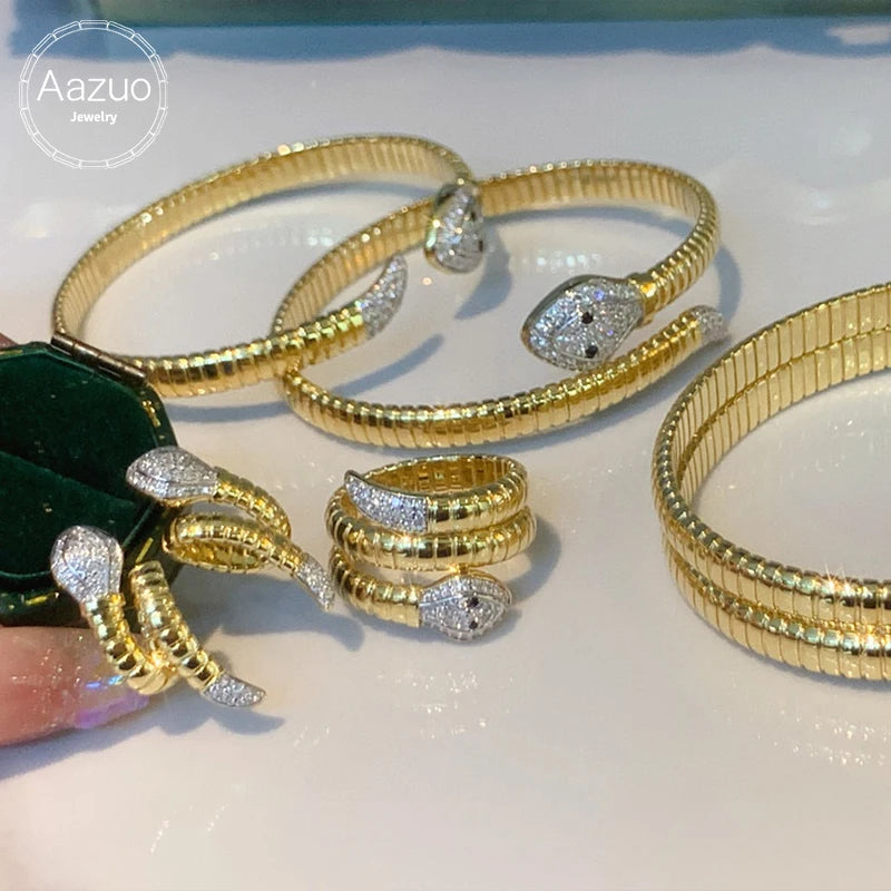 Aazuo 18K Yellow Gold Jewelry Set With Real Diamonds (Earrings, Bracelet & Ring)