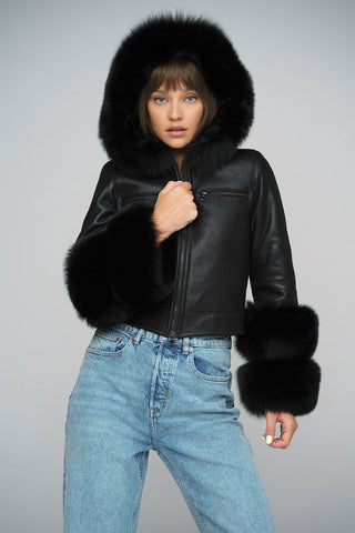 Black Merino Leather Jacket with Fox Fur Collar and Cuffs-0