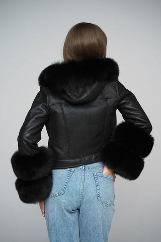 Black Merino Leather Jacket with Fox Fur Collar and Cuffs-2