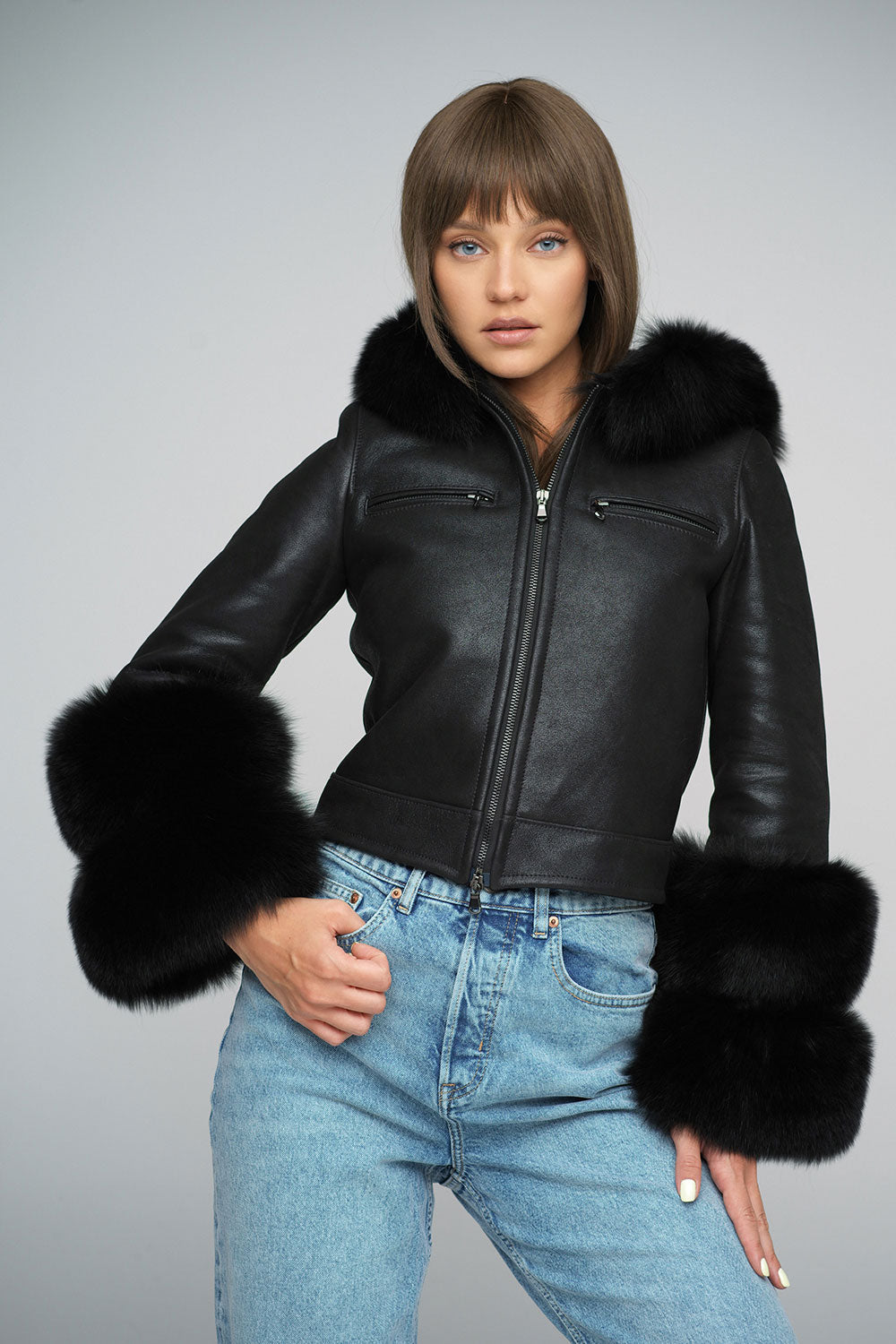 Black Merino Leather Jacket with Fox Fur Collar and Cuffs-1