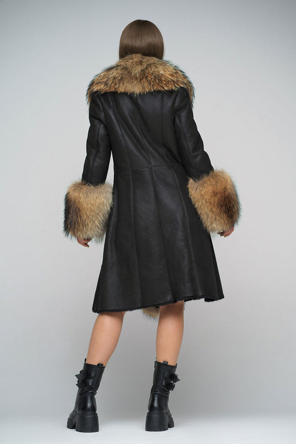 Black Genuine Maxi Sheepskin Overcoat with Arctic Raccoon Fur Detailing-1