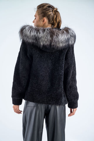 Black Sheepskin Hooded Jacket with Arctic Fox Fur Detailing-1