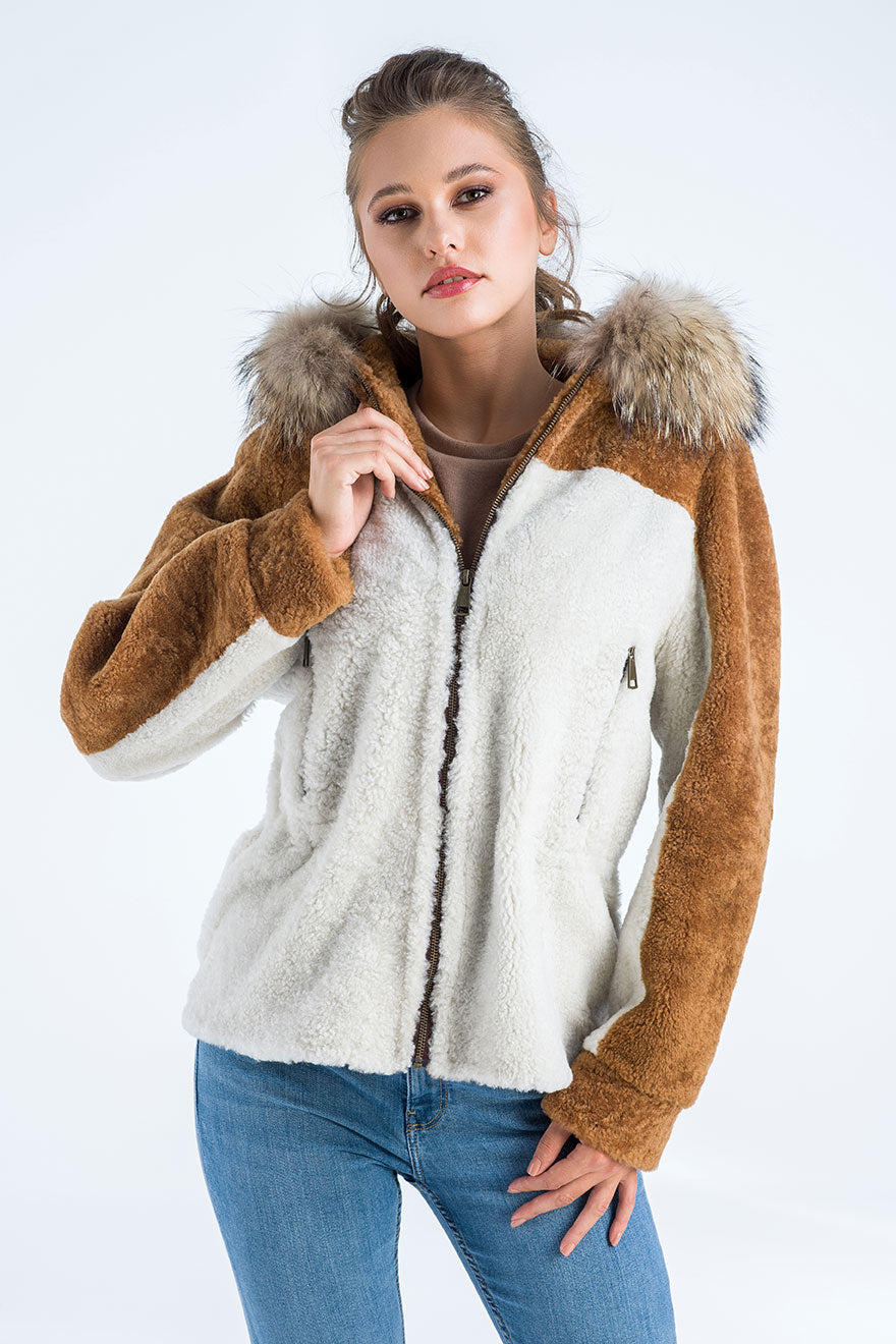 Cream Sheepskin Hooded Jacket with Racoon Fur Detailing-3