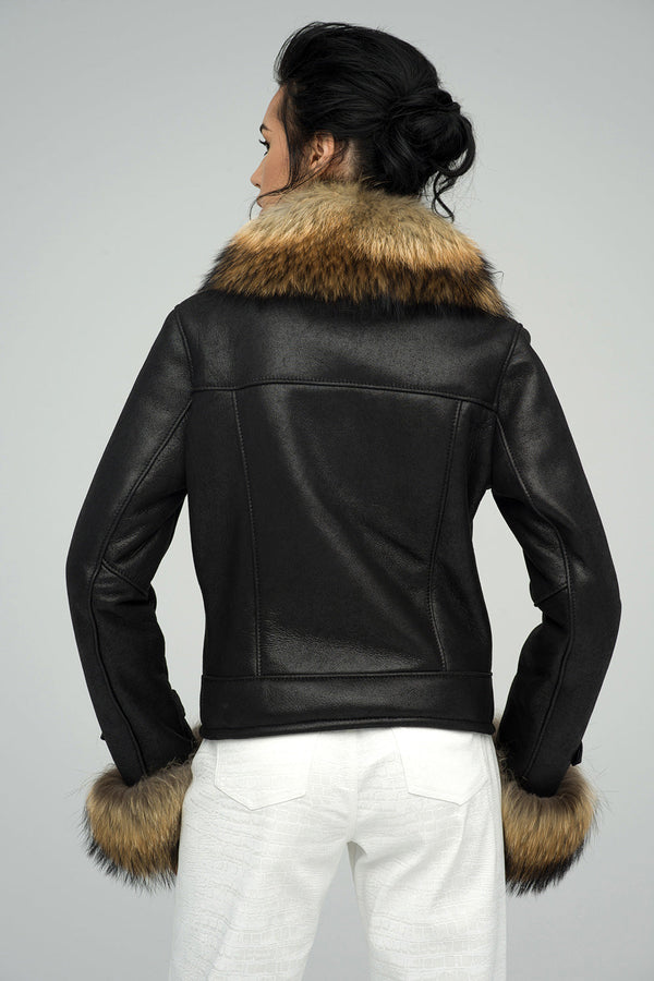 Black Sheepskin Jacket with Raccoon Fur Collar and Cuffs-2