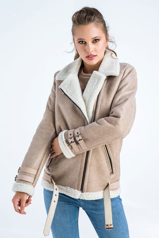 Beige Biker Bomber Sheepskin Jacket with Cream Shearling Fur-0