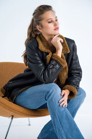 Black Biker Bomber Sheepskin Jacket with Cognac Shearling Fur-3