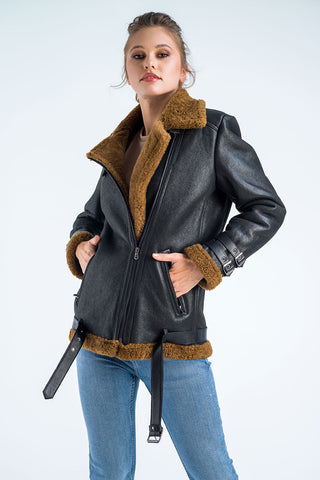 Black Biker Bomber Sheepskin Jacket with Cognac Shearling Fur-0