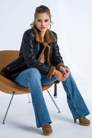 Black Biker Bomber Sheepskin Jacket with Cognac Shearling Fur-4