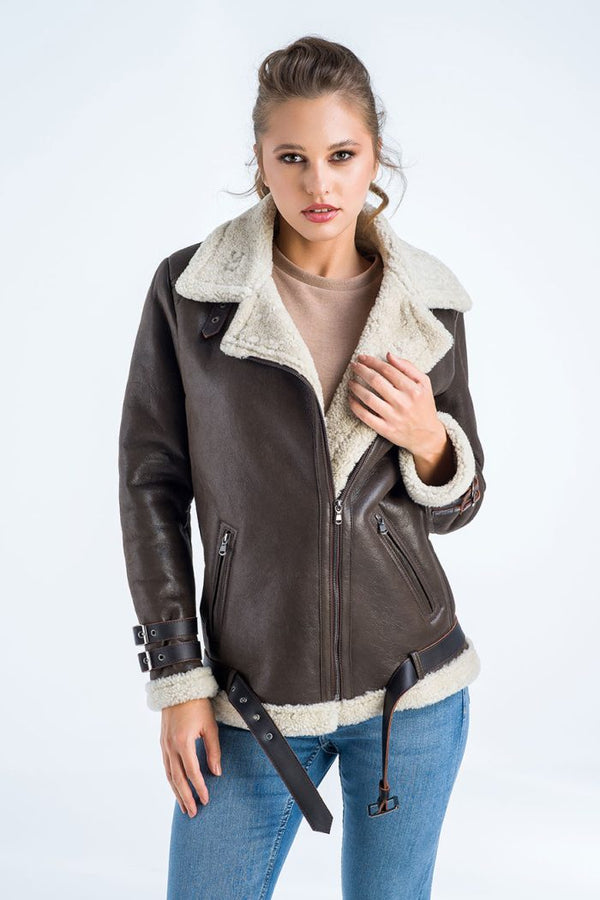 Brown Biker Bomber Sheepskin Jacket with Cream Shearling Fur-0