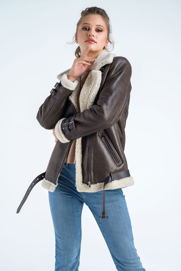 Brown Biker Bomber Sheepskin Jacket with Cream Shearling Fur-3