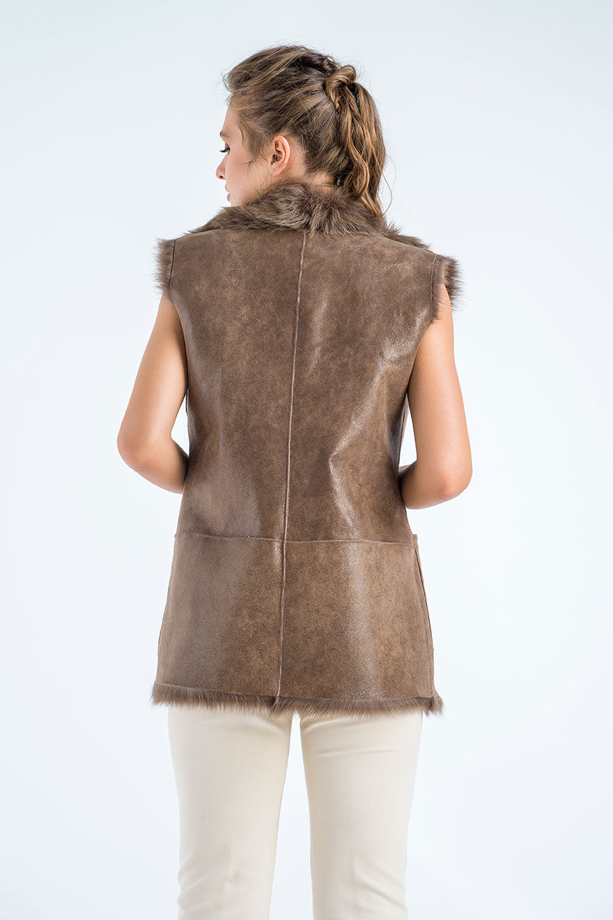 Taupe Geniune Reversible Sheepskin Fur Vest-4