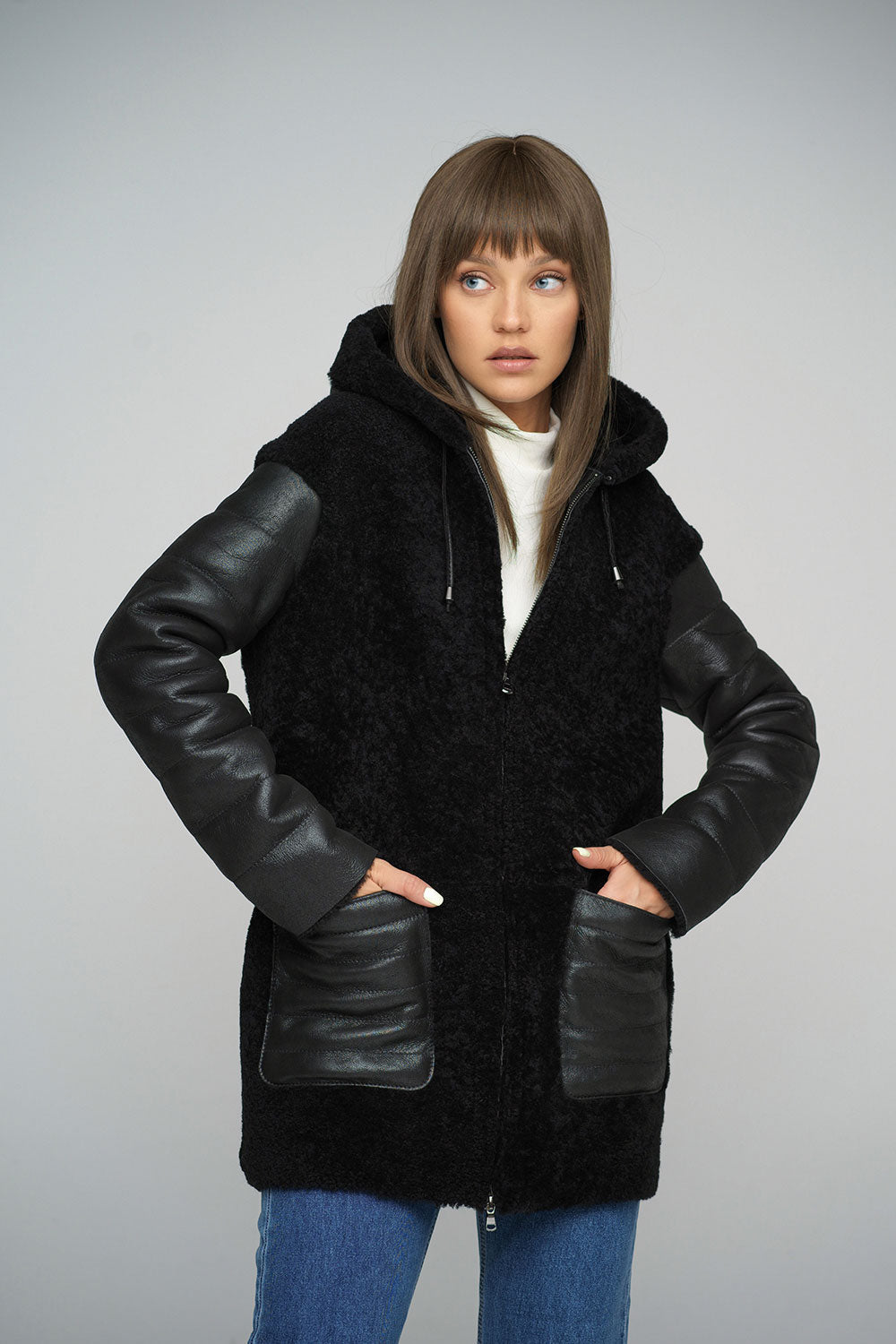 Black Natural Shearling Sheepskin Hooded Jacket-2