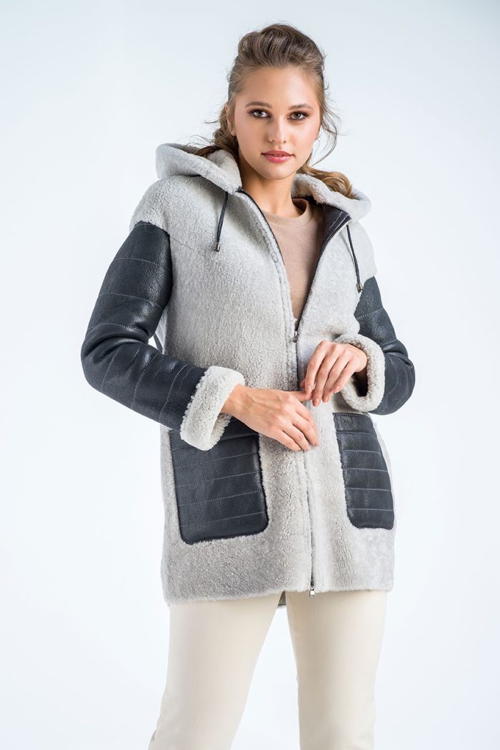 Gray Natural Shearling Sheepskin Hooded Jacket-0