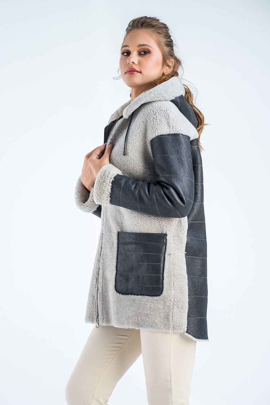 Gray Natural Shearling Sheepskin Hooded Jacket-2