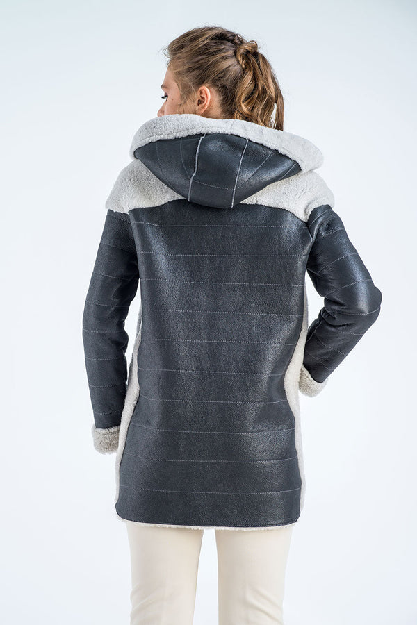 Gray Natural Shearling Sheepskin Hooded Jacket-1