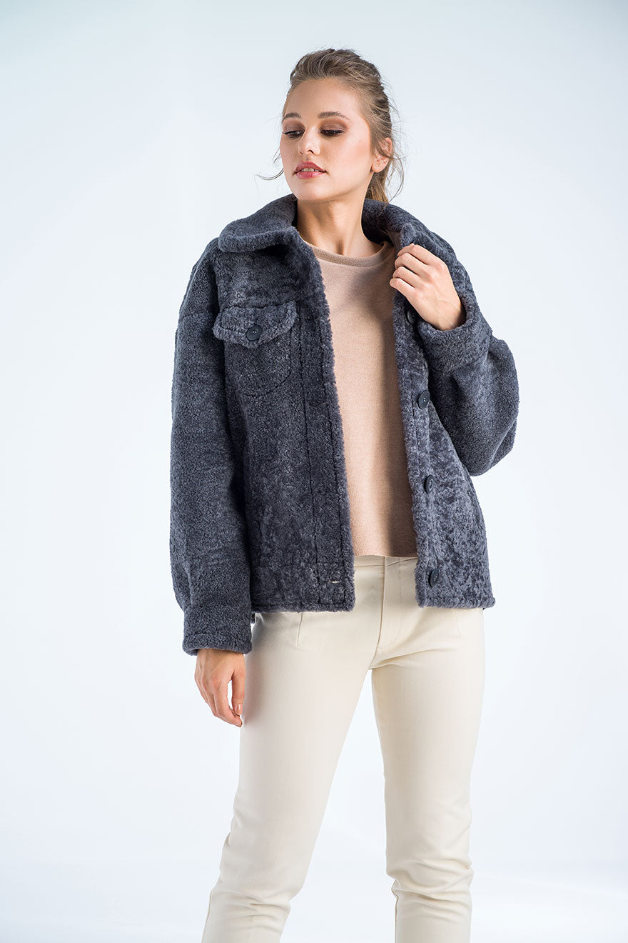 Gray Natural Sheepskin Shearling Jacket-1