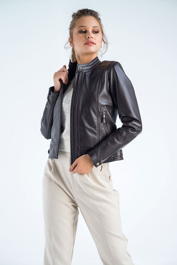 Brown Genuine Cropped Leather Jacket-0