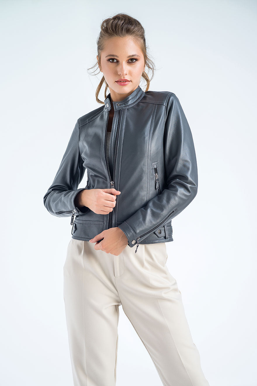 Gray Genuine Cropped Leather Jacket-2